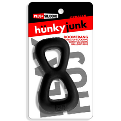 Hunkyjunk Boomerang cockring in retail packaging showing Plus Silicone blend label detail