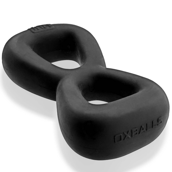 Hunkyjunk Boomerang double cock ring in black, figure-eight silicone shape on white background