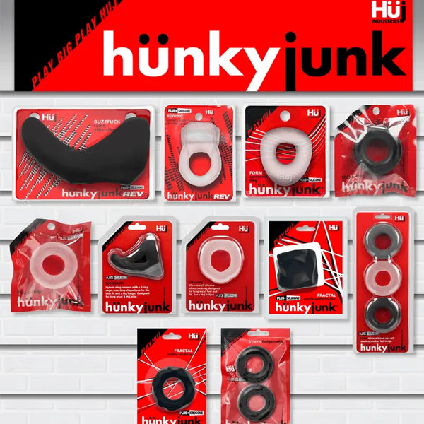 Hunkyjunk brand display showing full 2023 bestseller planogram kit with assorted silicone cock rings