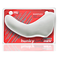 Hunkyjunk BUZZFUCK REV packaging front showing clear ice plus-silicone taint vibe sling