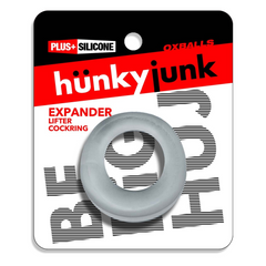 Hunkyjunk Expander cockring packaging showing PLUS+Silicone blend label, grey ring