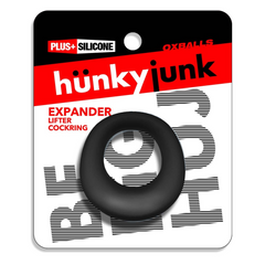 Hunkyjunk Expander lifter cockring on retail card, Plus Silicone blend, black fog
