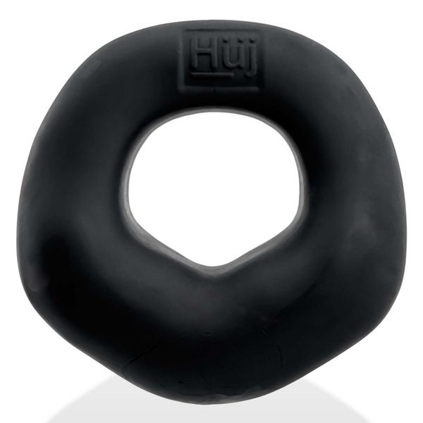 Hunkyjunk Fit Bulge cockring in black, asymmetric puffer silicone front view