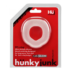 Hunkyjunk FIT c-ring in clear, ultra-stretch silicone blend cockring shown in red retail blister pack