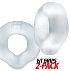 Hunkyjunk Fit Grips 2-pack clear cockrings shown front and back, highlighting soft flexible body