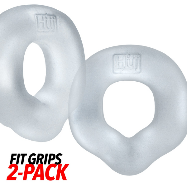 Hunkyjunk Fit Grips 2-pack clear silicone cockrings, front view showing both ring shapes