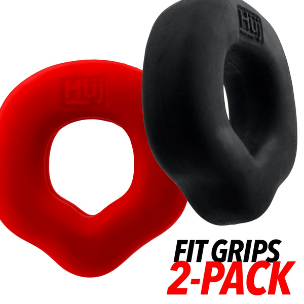 Hunkyjunk Fit Grips 2-pack cockrings in red and black soft silicone, front view
