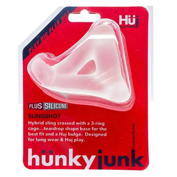 Hunkyjunk Slingshot 3-ring cock sling in clear ice silicone, shown in retail packaging