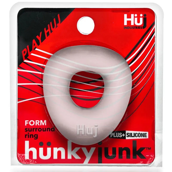 Hunkyjunk FORM cockring in clear ice, shown in retail packaging with red branding