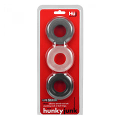 Hunkyjunk HUJ c-ring 3-pack in multi-tone silicone blend, non-roll design in red blister packaging