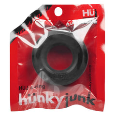 Hunkyjunk HUJ c-ring in black silicone blend displayed in red foil hang-sell retail bag packaging