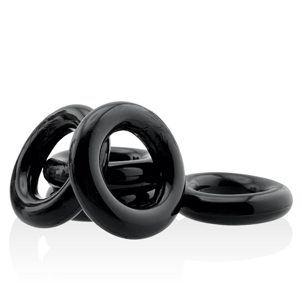 Hunkyjunk Jacker 5-Stack black cockrings, three rings shown stacked and fanned out