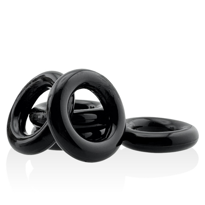 Hunkyjunk Jacker 5-Stack black cockrings, three rings shown stacked and fanned out