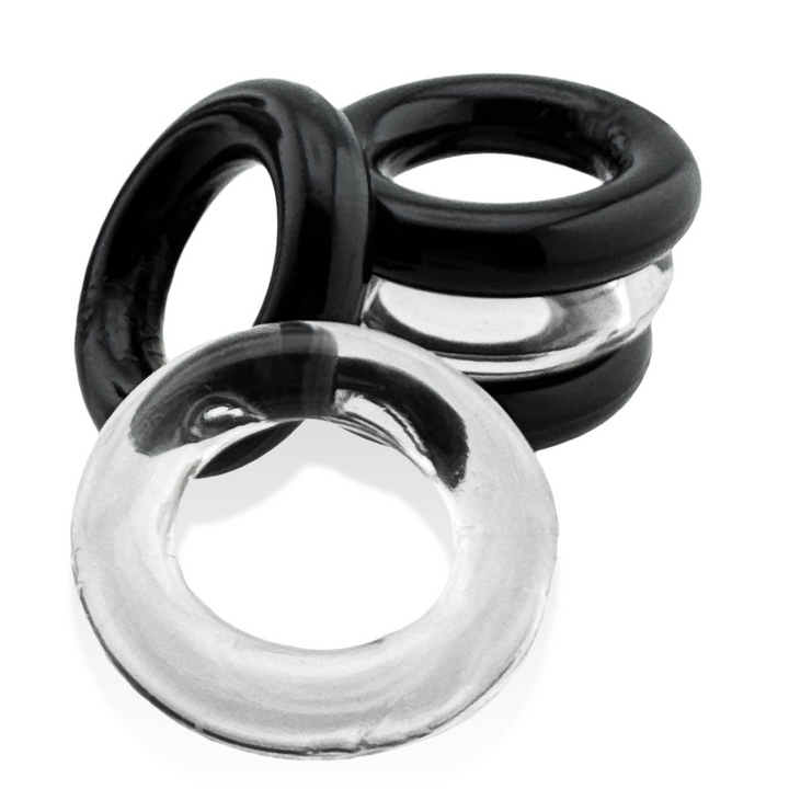 Hunkyjunk Jacker 5-Stack cockrings in black and clear, fanned out on white background
