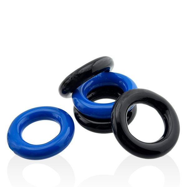 Hunkyjunk Jacker 5-Stack cockrings in blue and black, smooth rounded silicone, hero view