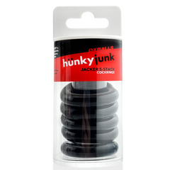 Hunkyjunk Jacker 5-Stack cockrings in retail tube packaging with branded label