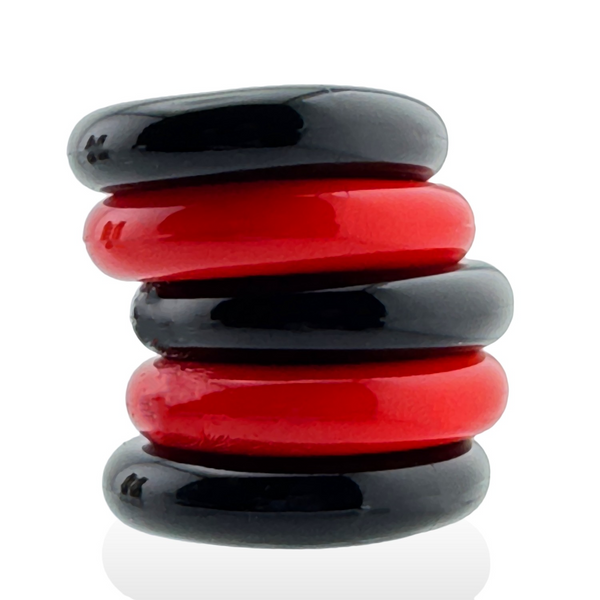 Hunkyjunk Jacker 5-Stack cockrings stacked vertically, alternating red and black glossy tubes