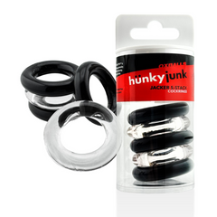 Hunkyjunk Jacker 5-Stack rings beside packaging, showing flexible tube construction