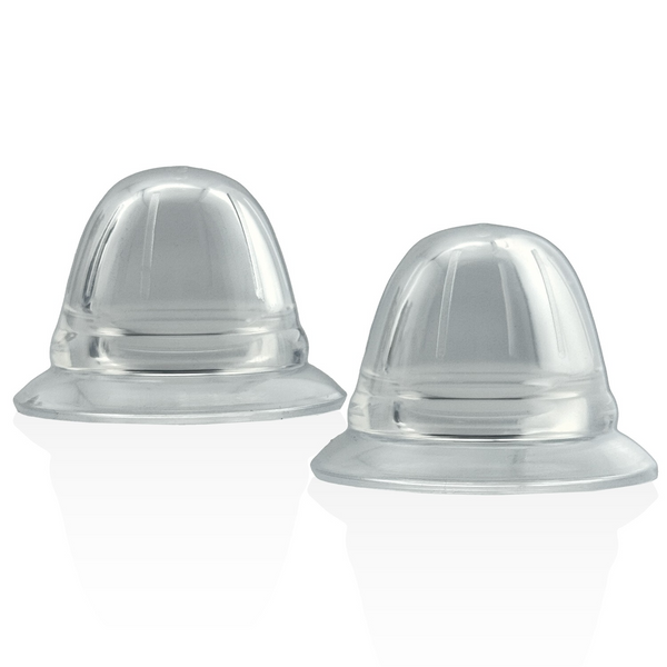 Hunkyjunk Nano Nips clear silicone nipple suckers, pair shown upright on white background
