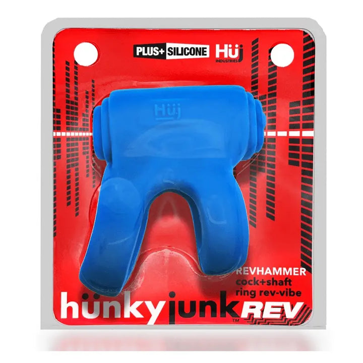 Hunkyjunk REVHAMMER blue silicone cock and shaft ring in red retail packaging