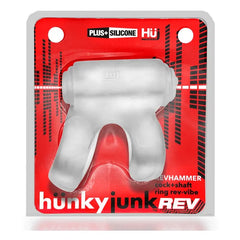 Hunkyjunk REVHAMMER clear ice cock and shaft ring with vibe, shown in retail packaging