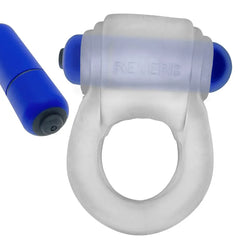 Hunkyjunk REVRING with blue bullet vibe partially inserted into the stretchy silicone sleeve