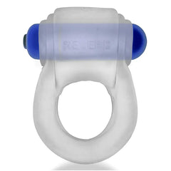 Hunkyjunk REVRING clear ice silicone cock ring with blue bullet vibe inserted, front view