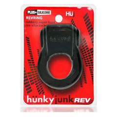 Hunkyjunk REVRING vibrating cock ring in black silicone, shown in retail packaging