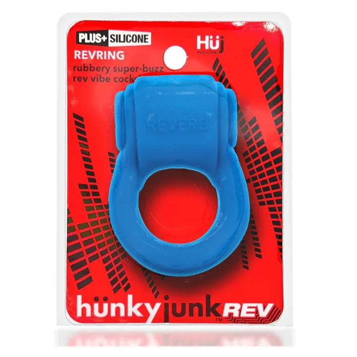 Hunkyjunk REVRING vibrating cock ring in blue silicone shown in retail packaging