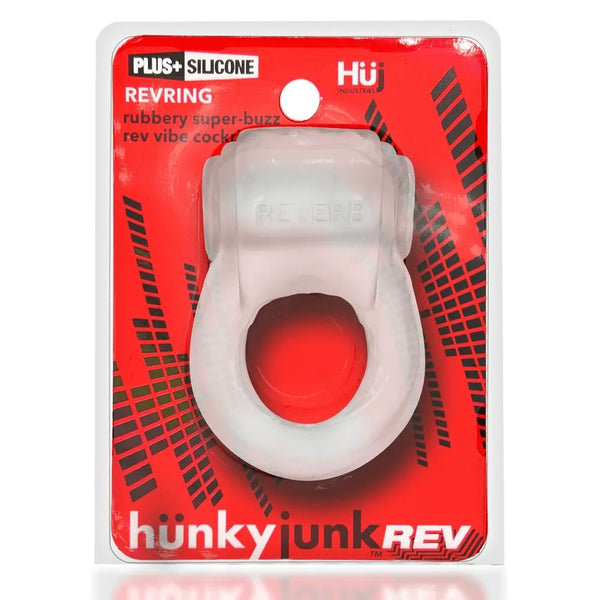 Hunkyjunk REVRING vibrating cockring in clear plus-silicone with attached vibe shown in blister pack