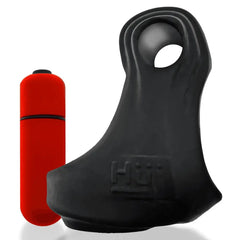 Hunkyjunk REVSLING tar black sling shown beside its included red bullet vibrator
