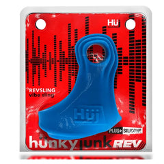 Hunkyjunk REVSLING vibe sling in blue Plus+Silicone blend, shown in retail card packaging