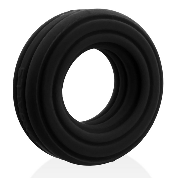 Hunkyjunk ROTO Cock Ring in black, showing ribbed silicone construction from a front angle