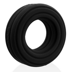 Hunkyjunk ROTO Cock Ring in black, showing ribbed silicone construction from a front angle