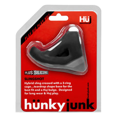 Hunkyjunk SLINGSHOT hybrid sling in black plus-silicone, teardrop base design, shown in blister pack