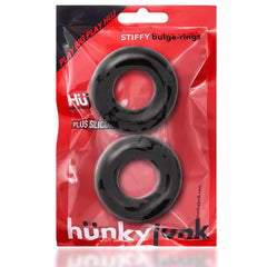 Hunkyjunk STIFFY bulge-rings two-pack in black plus-silicone, wide profile, in red retail packaging