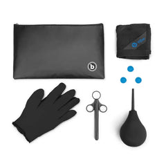 Hygiene accessories set: travel pouch, gloves, lube applicator, bulb, storage bag, and blue caps