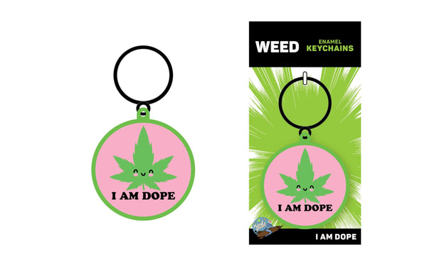 I Am Dope keychain shown beside its bright green retail card packaging, front and back view