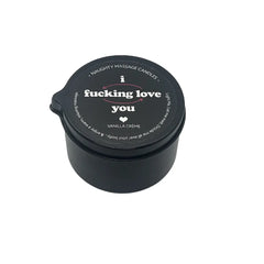 I F*cking Love You massage tin candle angled side view showing built-in pour spout on black container