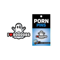 I Love Boooobs ghost pin beside its black and blue Porn Pins retail card packaging