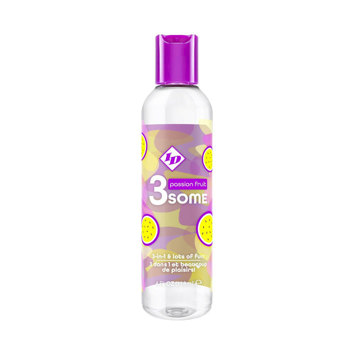 ID 3some Passion Fruit 4oz clear lubricant bottle with purple cap and fruit-print label