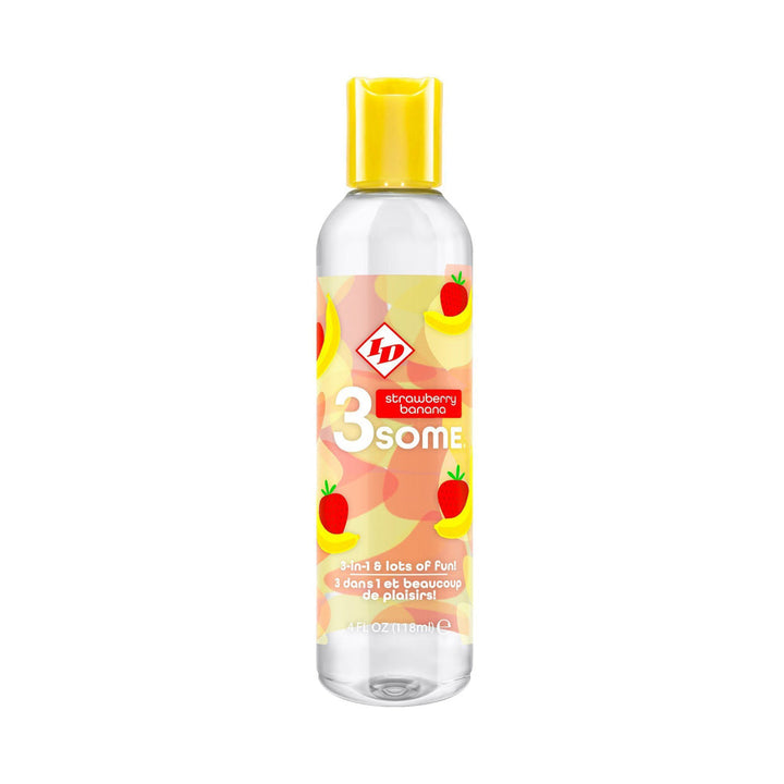ID 3some Strawberry Banana water-based lubricant in a clear 4 oz flip-top bottle
