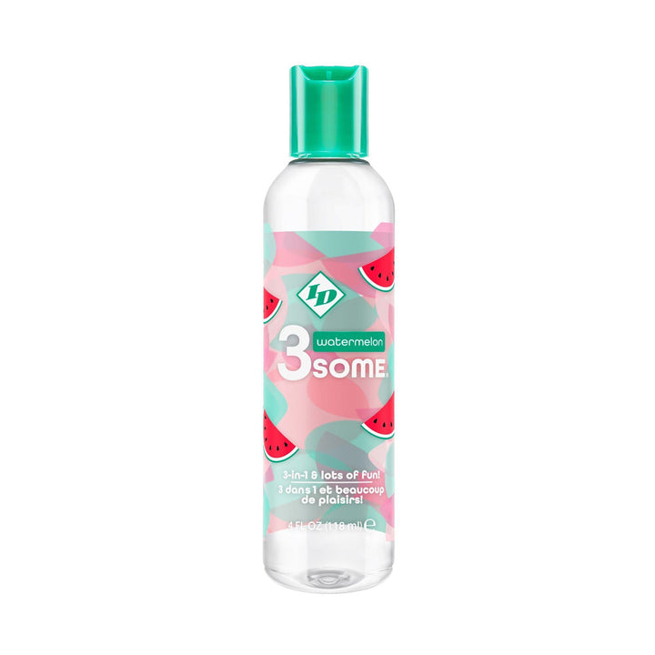 ID 3some Watermelon lubricant in a clear 4oz bottle with a teal flip-top cap