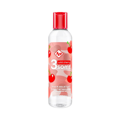 ID 3some Wild Cherry lubricant in a clear 4oz bottle with a red flip-top cap