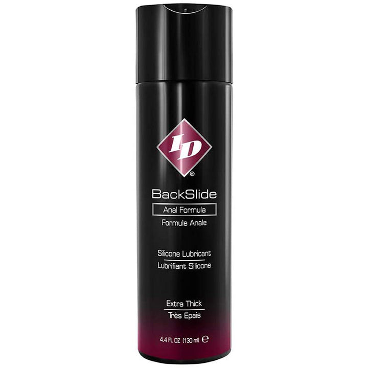 ID BackSlide 4.4 oz silicone anal lubricant in a sleek black bottle with pink label