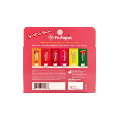 ID Frutopia lube sampler pack back label showing six fruit flavors and ingredients list
