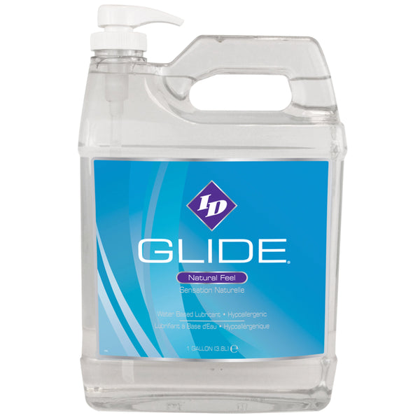 ID Glide 1-gallon water-based lubricant in a clear jug with a white pump dispenser