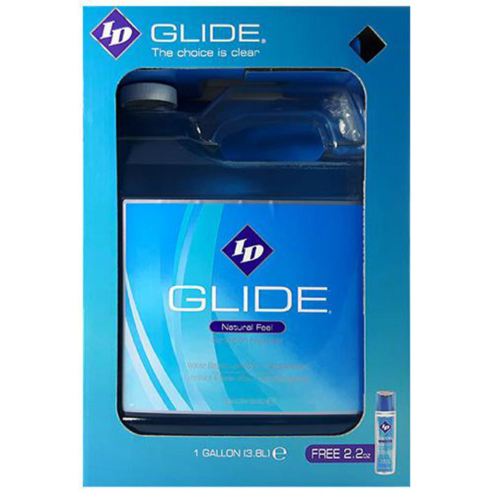 ID Glide Water-Based Lube 1-gallon jug in blue packaging with bonus 2.2oz travel bottle