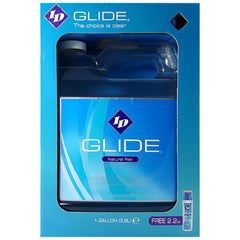 ID Glide Water-Based Lube 1-gallon jug in blue packaging with bonus 2.2oz travel bottle