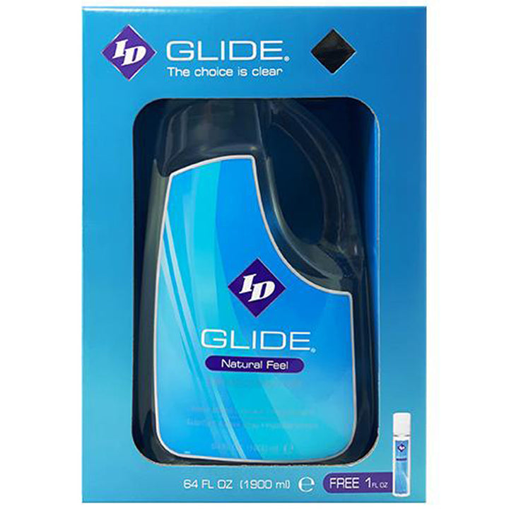 ID Glide Water-Based Lube 64 oz jug in blue retail box with free 1 fl oz sample